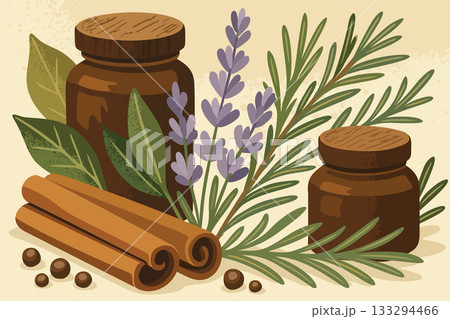 Assortment of spices and herbs, including cinnamon sticks, fragrant lavender, rosemary and brown wooden jars for spices on light beige background. Vector still life illustration 133294466