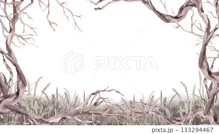 A rectangular frame with curved branches and steppe grasses. Isolated watercolor illustration for interior design, eco-projects, travel agency websites and brochures, and apparel printing. 133294467