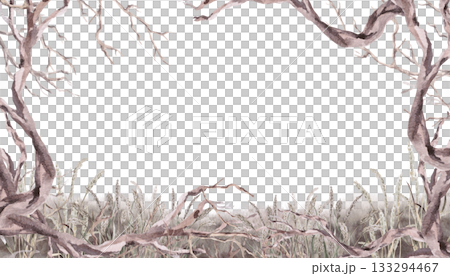 A rectangular frame with curved branches and steppe grasses. Isolated watercolor illustration for interior design, eco-projects, travel agency websites and brochures, and apparel printing. 133294467
