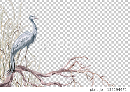 A rectangular frame with a gray crane on a gnarled tree. Isolated watercolor illustration for interior design, eco-projects, travel agency websites and brochures, and apparel printing. 133294472