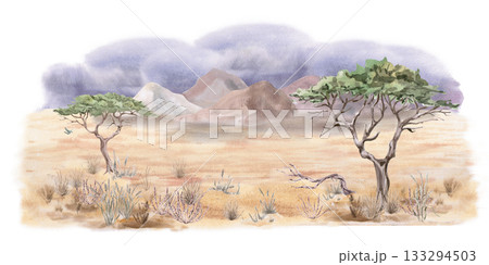 An African steppe landscape with dry grasses and mountains on the horizon. Isolated watercolor illustration for interior design, eco-projects, travel agencies, and company branding. 133294503