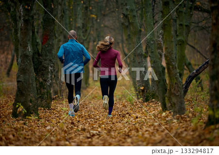 Couple trail running across small wooden bridge beside shallow forest stream Couple trail running across small wooden bridge beside shallow forest stream 133294817
