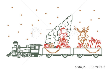 Toy train with carriages and a seated bear and rabbit. Hand drawn line art illustration. Vector clip art for Christmas and New Years cards and invitations. Suitable for banners and posters. 133294903