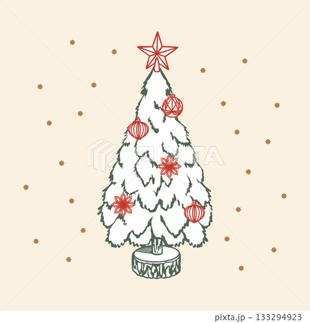 Christmas tree decorated with ornaments, baubles and a star. Hand drawn line art illustration. Vector clip art for Christmas, New Years cards and invitations. Suitable for banners and posters. 133294923