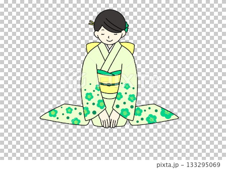着物　黄緑　正座 133295069