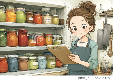美優シリーズ:冷蔵倉庫で瓶詰めジャムをラベル別に仕分ける美優 美優シリーズ:冷蔵倉庫で瓶詰めジャムをラベル別に仕分ける美優 133295189
