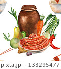 Kimchi watercolor illustrations for gimjang. Seamless pattern white background. Vat with fresh vegetables for cooking. For cards, scrapbooking and textiles 133295477