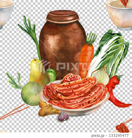 Kimchi watercolor illustrations for gimjang. Seamless pattern white background. Vat with fresh vegetables for cooking. For cards, scrapbooking and textiles Kimchi watercolor illustrations for gimjang. Seamless pattern white background. Vat with fresh vegetables for cooking. For cards, scrapbooking and textiles 133295477