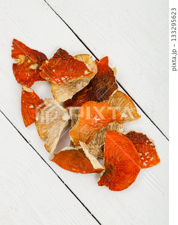 Dried fly agaric on a white background. 133295623