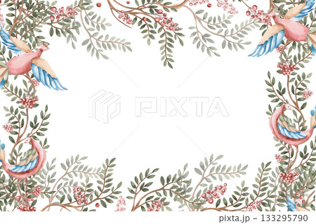 A rectangular frame with stylized birds, curved branches, and berries. Isolated watercolor illustration for flower shop business cards, cosmetic packaging, poster printing, and Christmas card design. 133295790