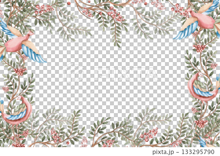 A rectangular frame with stylized birds, curved branches, and berries. Isolated watercolor illustration for flower shop business cards, cosmetic packaging, poster printing, and Christmas card design. 133295790