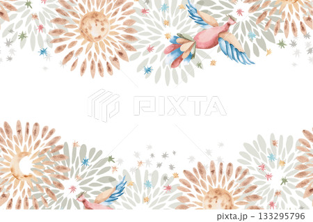 A rectangular frame with a stylized sun, moon, and birds. Isolated watercolor illustration for flower shop business cards, cosmetic packaging, poster printing, and Christmas card design. 133295796