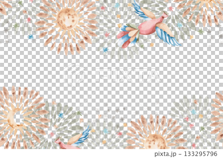 A rectangular frame with a stylized sun, moon, and birds. Isolated watercolor illustration for flower shop business cards, cosmetic packaging, poster printing, and Christmas card design. 133295796