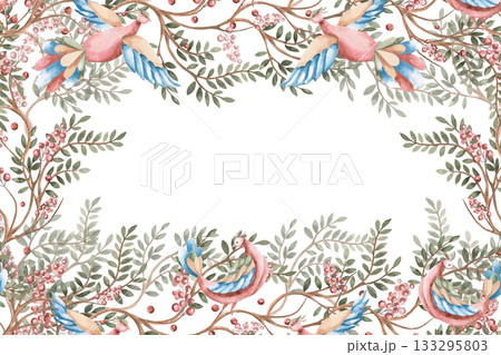A rectangular frame with branches, berries, and stylized birds. Isolated watercolor illustration for flower shop business cards, cosmetic packaging, poster printing, and Christmas card design. 133295803