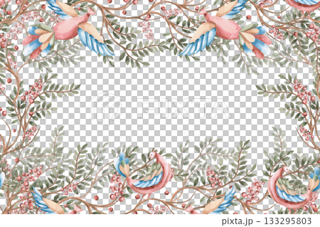 A rectangular frame with branches, berries, and stylized birds. Isolated watercolor illustration for flower shop business cards, cosmetic packaging, poster printing, and Christmas card design. 133295803
