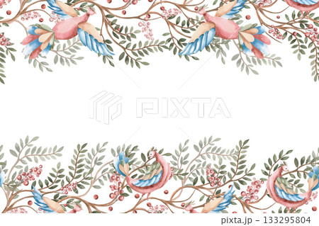 A rectangular frame with branches and stylized birds. Isolated watercolor illustration for flower shop business cards, cosmetic packaging, poster printing, and Christmas card design. A rectangular frame with branches and stylized birds. Isolated watercolor illustration for flower shop business cards, cosmetic packaging, poster printing, and Christmas card design. 133295804