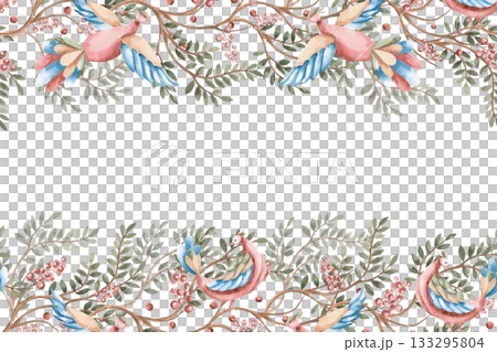 A rectangular frame with branches and stylized birds. Isolated watercolor illustration for flower shop business cards, cosmetic packaging, poster printing, and Christmas card design. 133295804