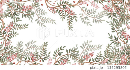 Rectangular frame with branches and berries. Isolated watercolor illustration for flower shop business cards, cosmetic packaging, poster printing, and Christmas card design. Rectangular frame with branches and berries. Isolated watercolor illustration for flower shop business cards, cosmetic packaging, poster printing, and Christmas card design. 133295805