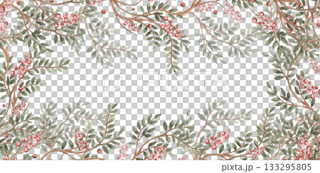 Rectangular frame with branches and berries. Isolated watercolor illustration for flower shop business cards, cosmetic packaging, poster printing, and Christmas card design. 133295805