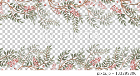 A rectangular frame with curved branches with leaves and berries. Isolated watercolor illustration for flower shop business cards, cosmetic packaging, poster printing, and Christmas card design. A rectangular frame with curved branches with leaves and berries. Isolated watercolor illustration for flower shop business cards, cosmetic packaging, poster printing, and Christmas card design. 133295806