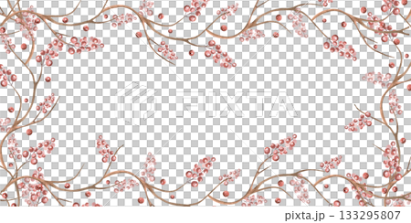 A rectangular frame with curved branches and berries. Isolated watercolor illustration for flower shop business cards, cosmetic packaging, poster printing, and Christmas card design. A rectangular frame with curved branches and berries. Isolated watercolor illustration for flower shop business cards, cosmetic packaging, poster printing, and Christmas card design. 133295807