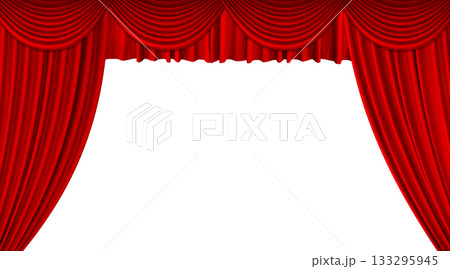 A red stage curtain is opening, the top edge is long and separated. Velvet curtain for a movie, concert or theater scene. A red stage curtain is opening, the top edge is long and separated. Velvet curtain for a movie, concert or theater scene. 133295945
