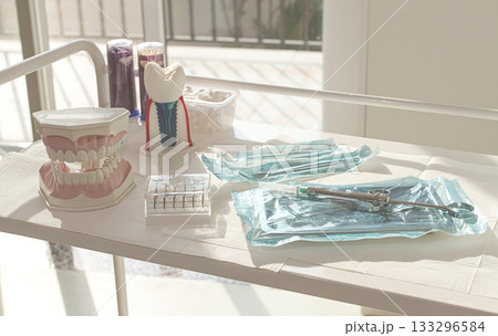 Sterile medical instruments, lying on a tray in protective packaging, dentist's instruments, preparation for a medical procedure. 133296584