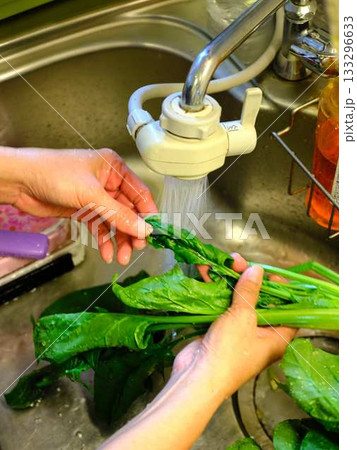 キッチン　料理　野菜　肉　切る　女性　手元のタグ 133296633