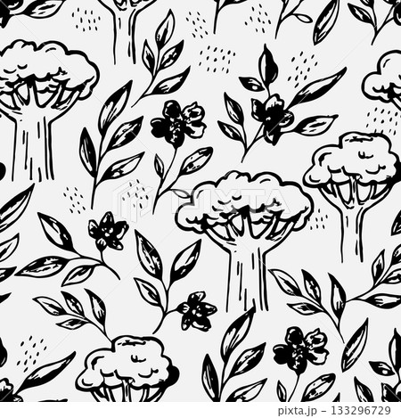 Monochrome seamless floral doodle pattern. Perfect vector for fabric, apparel, wallpaper, textiles, and packaging. Minimalist, high contrast design. 133296729