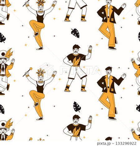 Carnival Seamless Pattern Men Dancers. Happy Party Male Character in Masquerade on White Background. Color Hand-Drawn Doodle. Vector Illustration. Not AI 133296922