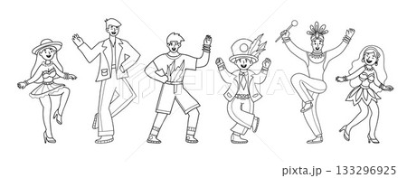 Carnival Dancers Doodle set. Outline Men and Women in in Masquerade costumes. Isolated Hand drawing. Vector Illustration. Festive Party, lively holiday spirit and rhythmic celebration. Not AI 133296925