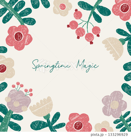 Spring Floral Hand-Drawn Card. Crayon Flowers with Leaves. Textured Chalk Drawings. Square blooming composition Pattern Frame poster with Slogan. Primitive Vector illustration. Not AI Spring Floral Hand-Drawn Card. Crayon Flowers with Leaves. Textured Chalk Drawings. Square blooming composition Pattern Frame poster with Slogan. Primitive Vector illustration. Not AI 133296929