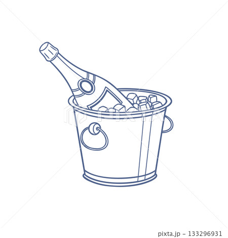 Line art illustration of a champagne bottle in an ice bucket. Outline illustration. 133296931