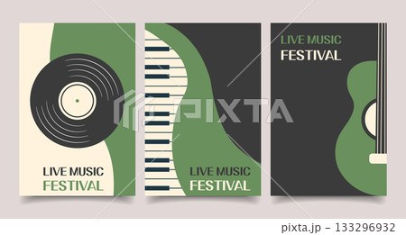 Minimalist live music festival posters collection. Set of music posters cover album. Illustration, banners for music events, invitation. 133296932