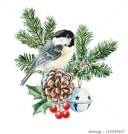 Chickadee bird with pine cone holly leaves red berries and evergreen branches watercolor winter woodland decor Chickadee bird with pine cone holly leaves red berries and evergreen branches watercolor winter woodland decor 133297037