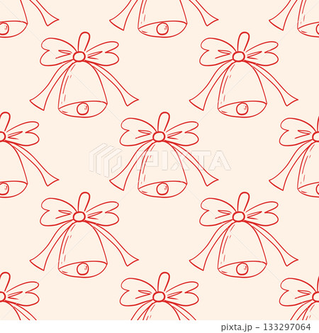 Coquette core Christmas seamless pattern. Hand drawn line red isolated Christmas stocking, bell and ribbon bow on beige background. Whimsical print. 133297064
