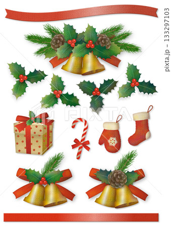 クリスマス小物のイラストセット 1赤 クリスマス小物のイラストセット 1赤 133297103