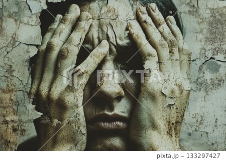Emotional Distress and Turmoil Expressed Through Hands on Face with Cracked Wall Texture 133297427