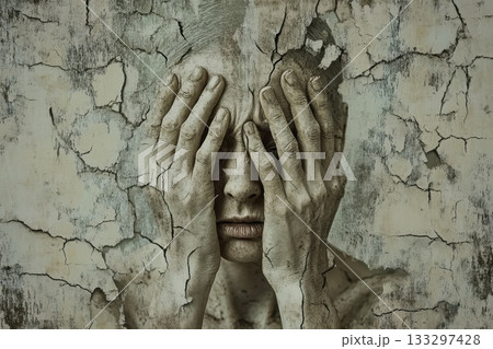 Emotional Struggle of a Person Behind Cracked and Peeling Wall Expressing Inner Turmoil 133297428