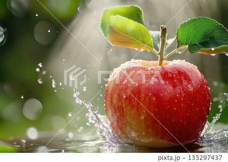 Fresh Red Apple Splashing in Water with Drops and Green Leaves in Natural Outdoor Setting Fresh Red Apple Splashing in Water with Drops and Green Leaves in Natural Outdoor Setting 133297437