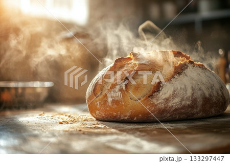 Freshly Baked Artisan Bread on Wooden Surface Surrounded by Warm Sunlight and Flour Dust Freshly Baked Artisan Bread on Wooden Surface Surrounded by Warm Sunlight and Flour Dust 133297447