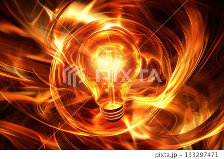 Bright Light Bulb Surrounded by Fiery Flames and Energy Swirls in a Dynamic Background Bright Light Bulb Surrounded by Fiery Flames and Energy Swirls in a Dynamic Background 133297471