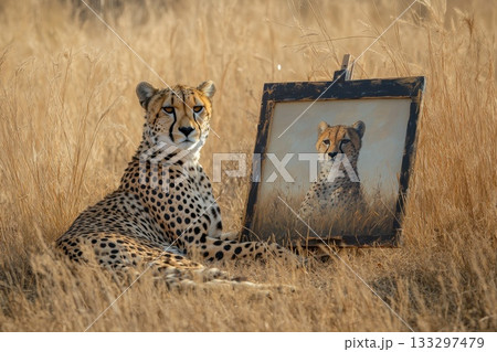 Cheetah Sitting Beside Its Portrait in a Golden Grassland Setting Under Soft Light Cheetah Sitting Beside Its Portrait in a Golden Grassland Setting Under Soft Light 133297479