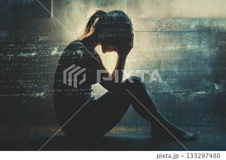Woman in Shadowed Room Contemplating Life with Hands on Head, Expressing Deep Emotion Woman in Shadowed Room Contemplating Life with Hands on Head, Expressing Deep Emotion 133297480
