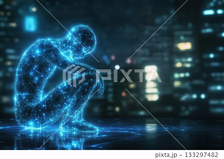 A man is sitting on the ground with his head down 133297482