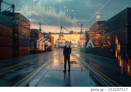 Businessman Observing Digital Grid and Industrial Port Landscape 133297517