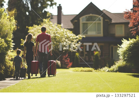 Family Walking Together with Suitcases on a Bright Sunny Day Family Walking Together with Suitcases on a Bright Sunny Day 133297521