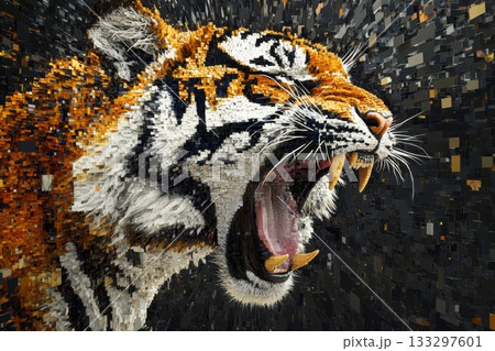 A tiger is shown with its mouth wide open, showing its teeth 133297601