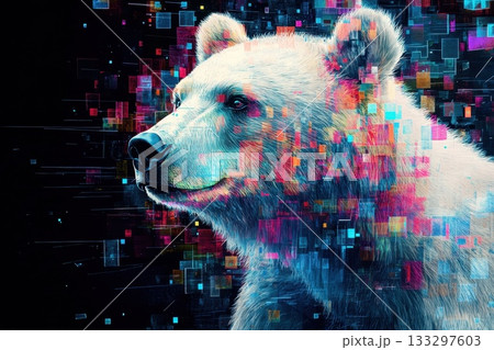 A bear with a colorful face is shown in a digital art piece 133297603