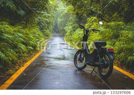 A black scooter is parked on a wet road in a forest A black scooter is parked on a wet road in a forest 133297606